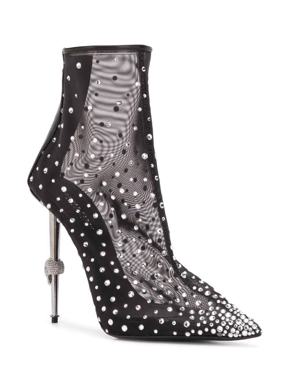 Philipp Plein Leather Crystal Embellished Mesh Ankle Boots in Black - Lyst