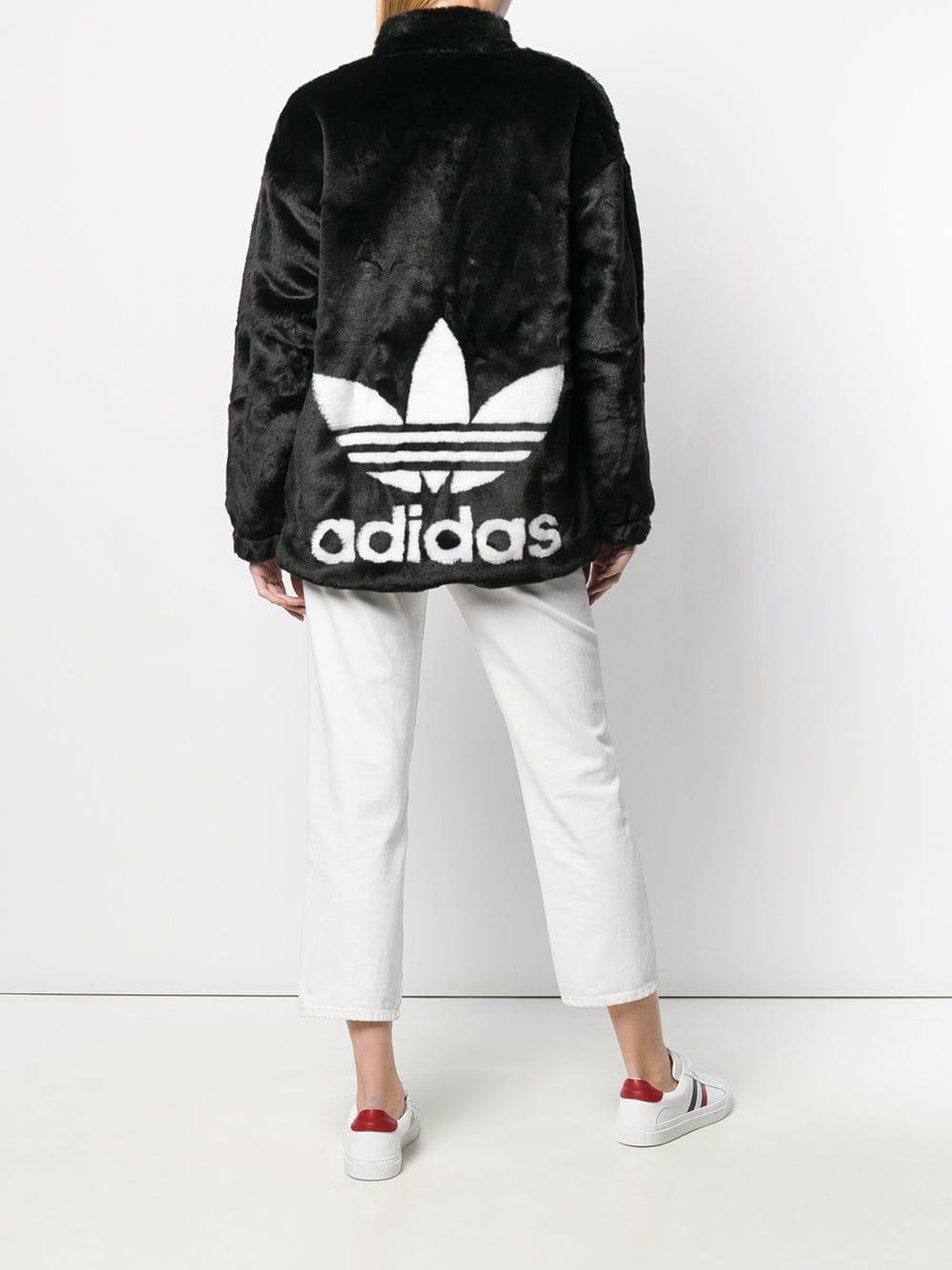 adidas Logo Faux-fur Jacket in Black | Lyst