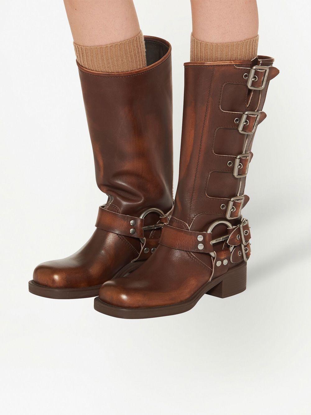 Porto bacon Læs Miu Miu Buckled Leather Biker Boots in Brown | Lyst