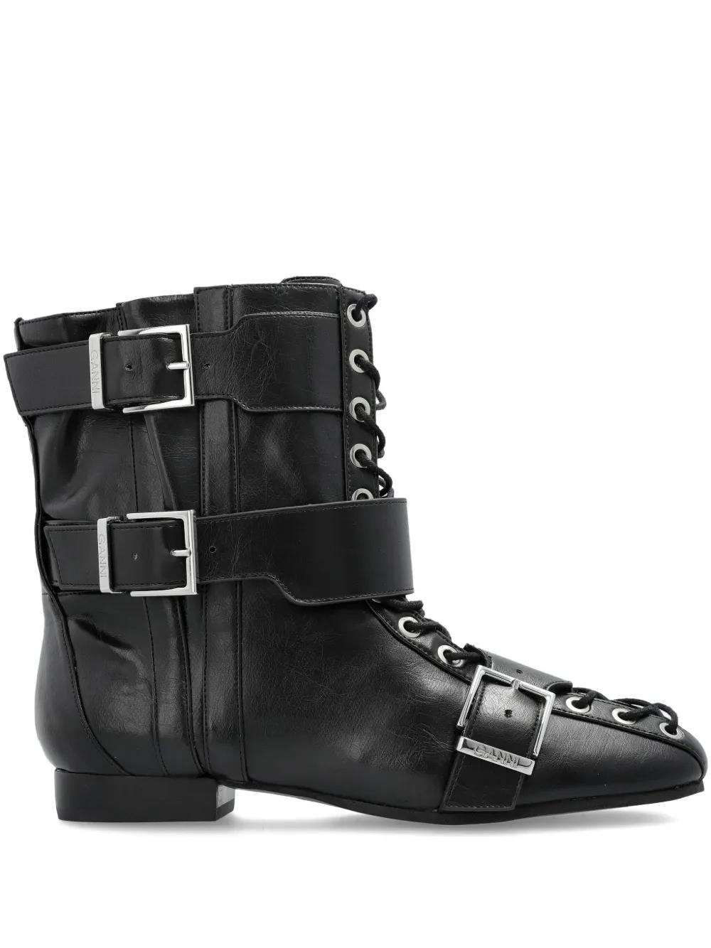 【送料&関税込】Ganni Eyelets Ankle Boots GANNI: Black Oleatex Eyelets Lace-Up Ankle Boots | SSENSE