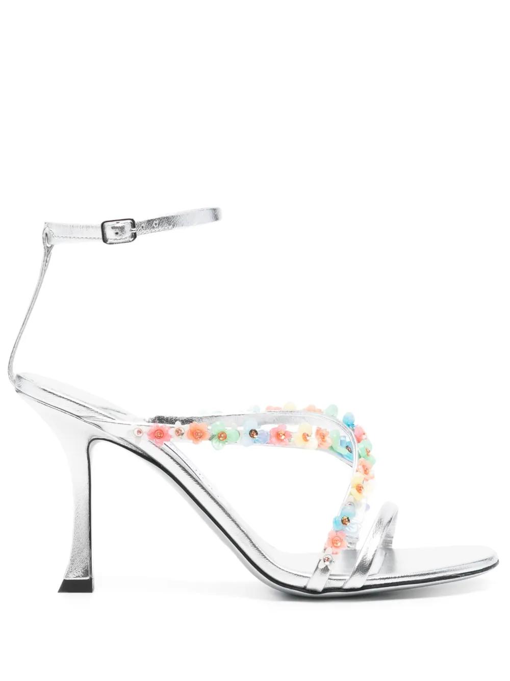 【関税込み】Jimmy Choo シルバー Skye 70 ヒールサンダル Skye 70 embellished satin mules in silver - Jimmy Choo
