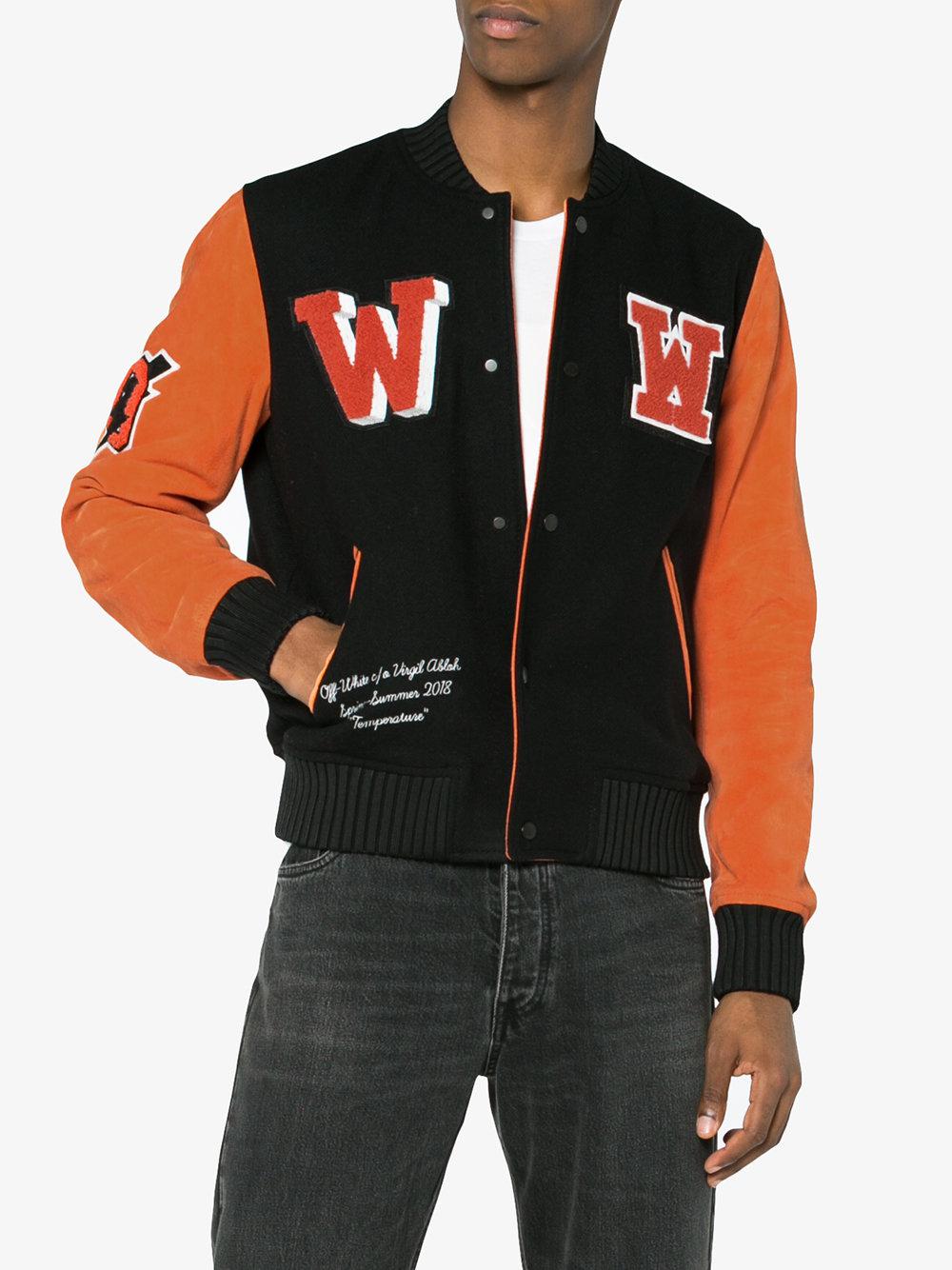 black and orange off white varsity jacket