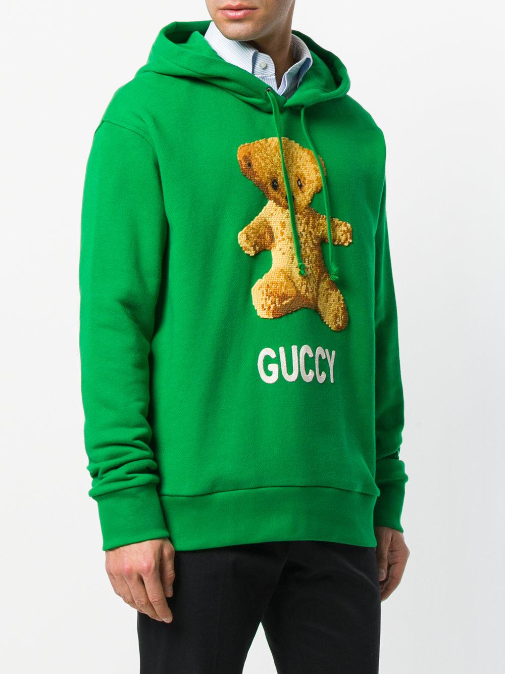 Gucci Cotton Embroidedered Teddy Hoodie in Green for Men - Lyst