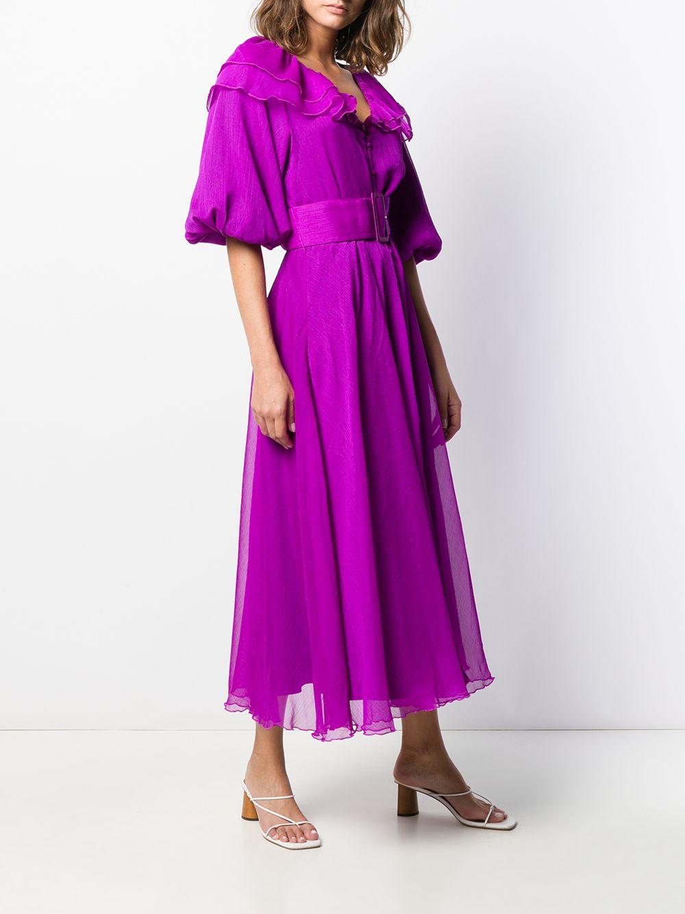 Ruffled Belted Midi Dress in Purple 