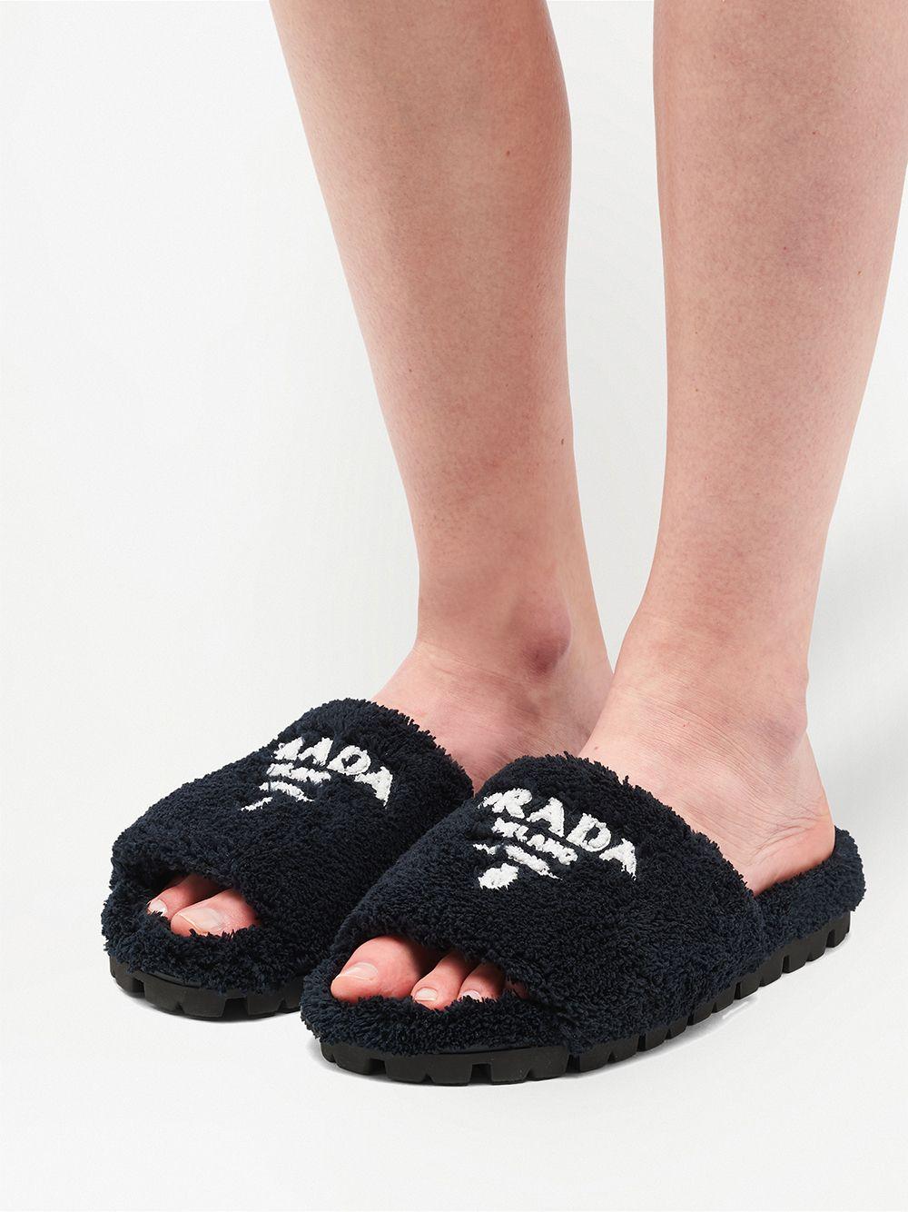 Prada Embroidered-logo Slippers in Black | Lyst