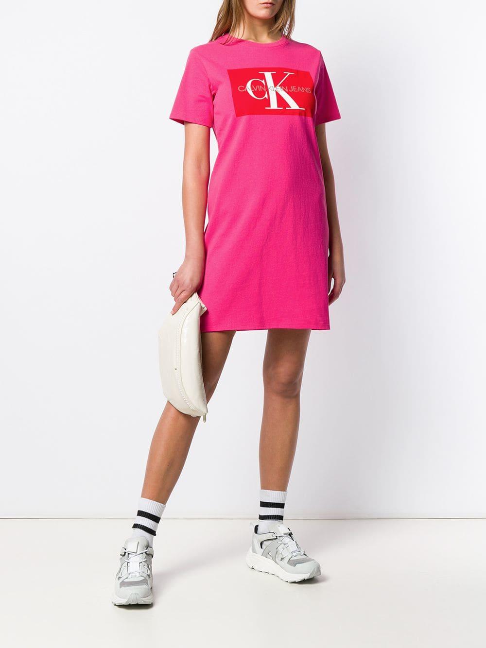 Calvin Klein Cotton Logo Print T-shirt Dress in Pink - Lyst