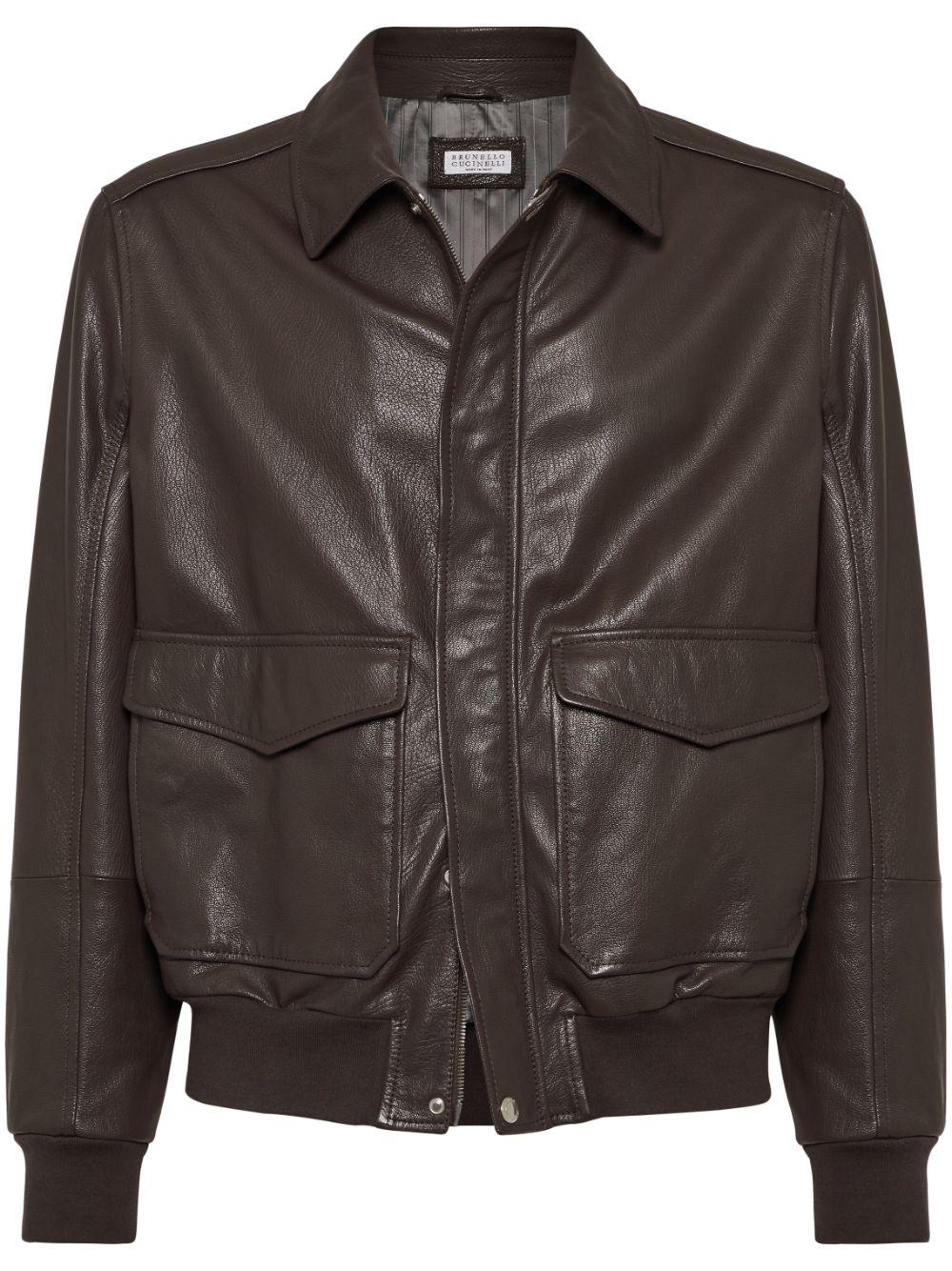 Brunello Cucinelli メンズ ブラック レザー フライトジャケット Brunello Cucinelli メンズ ブラック レザー フライトジャケット