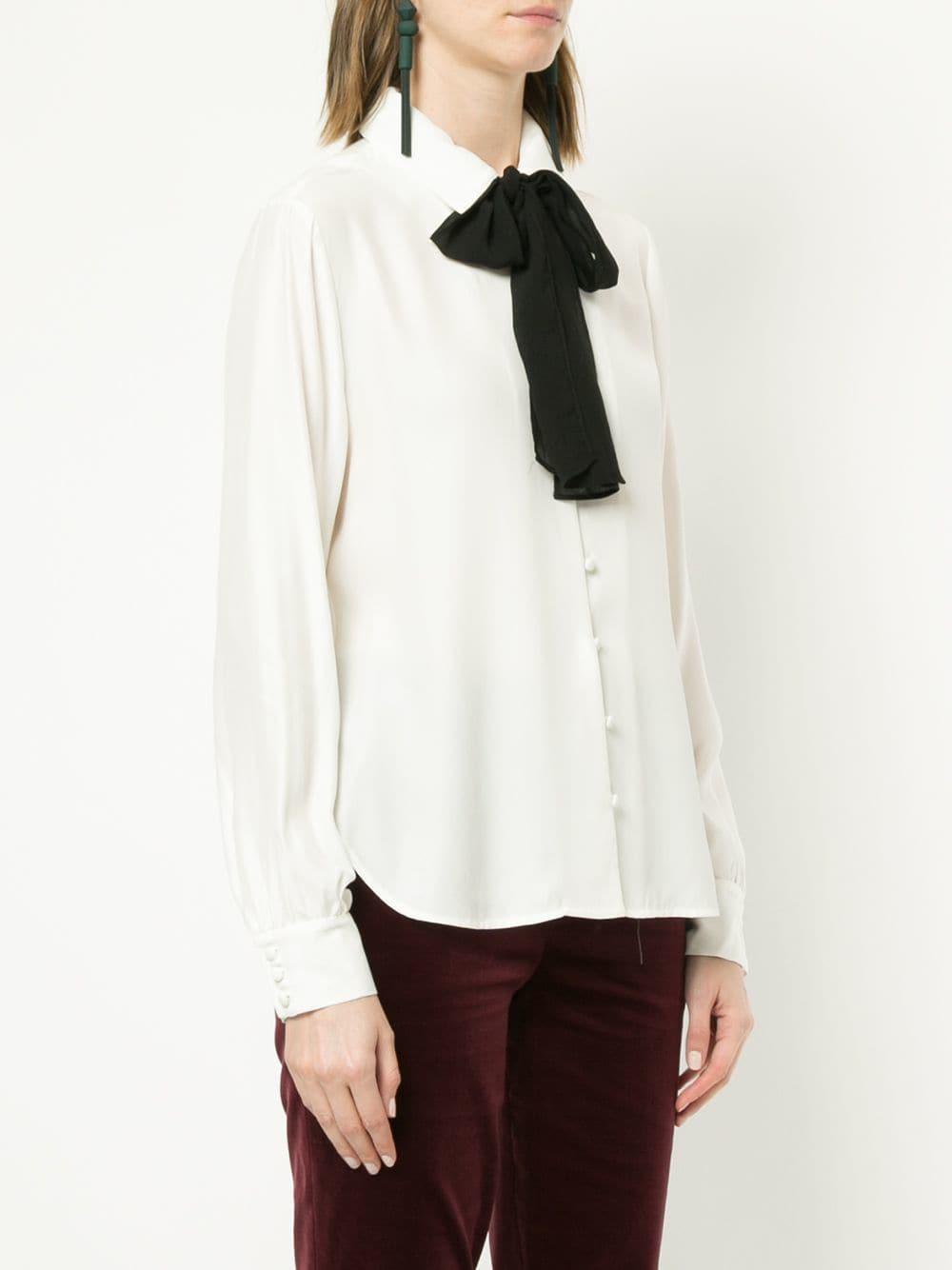 FRAME Silk Bow Tie Blouse in White | Lyst