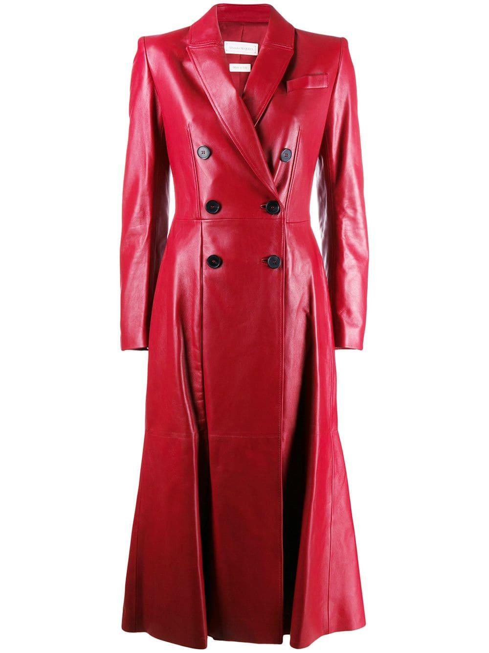 Alexander McQueen Leather Double-breasted Trench Coat in Red - Lyst