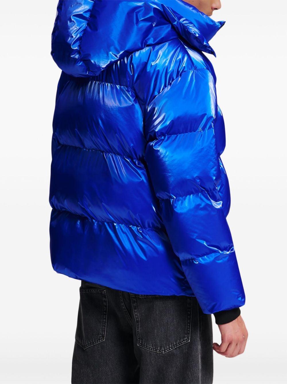 Blue shiny puffer jacket discount