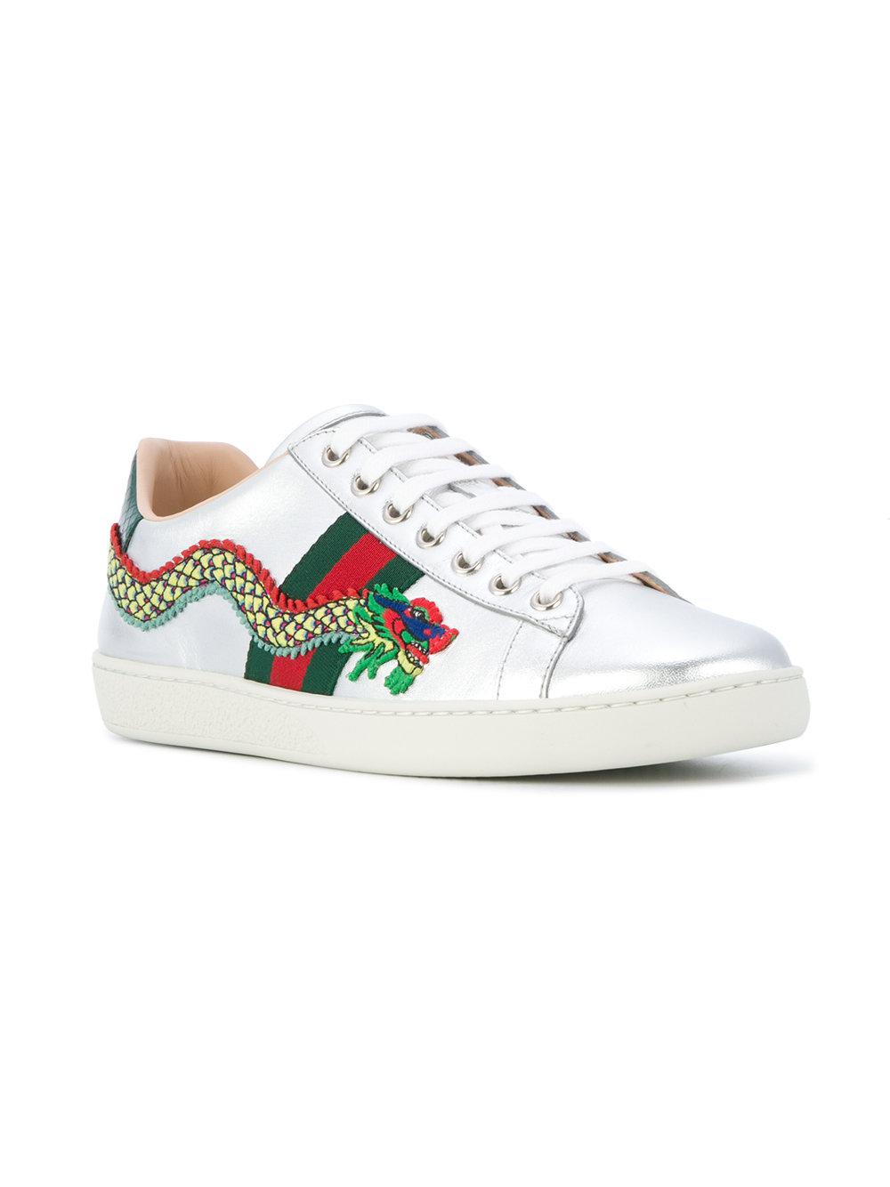 Gucci Leather Ace Dragon Embroidered Sneakers in Metallic | Lyst