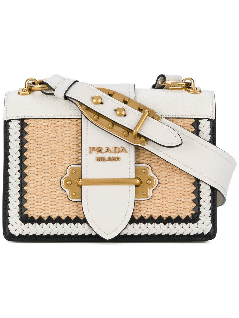 Prada Leather White Raffia Cahier Shoulder Bag - Lyst
