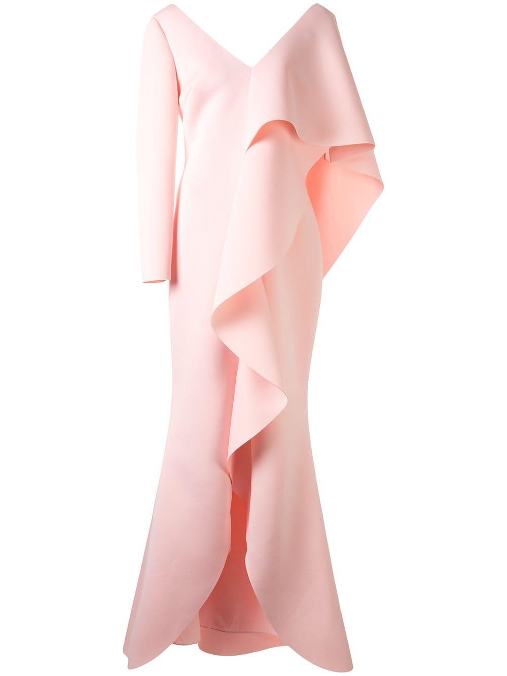 Badgley Mischka Asymmetric Ruffle Scuba Gown in Pink | Lyst