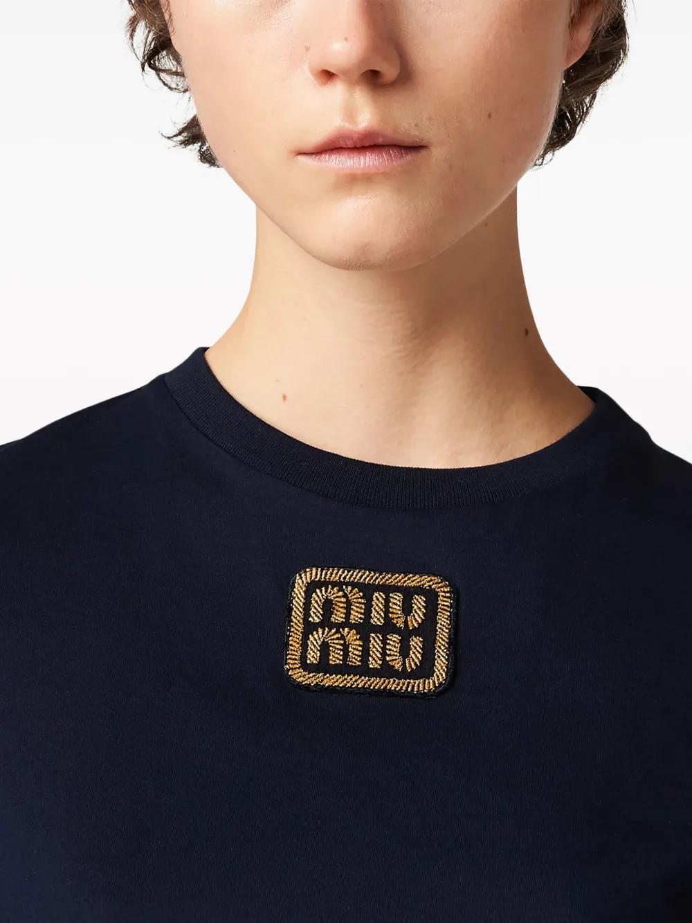 Miu Miu Logo Appliqué Cotton T-shirt in Blue | Lyst