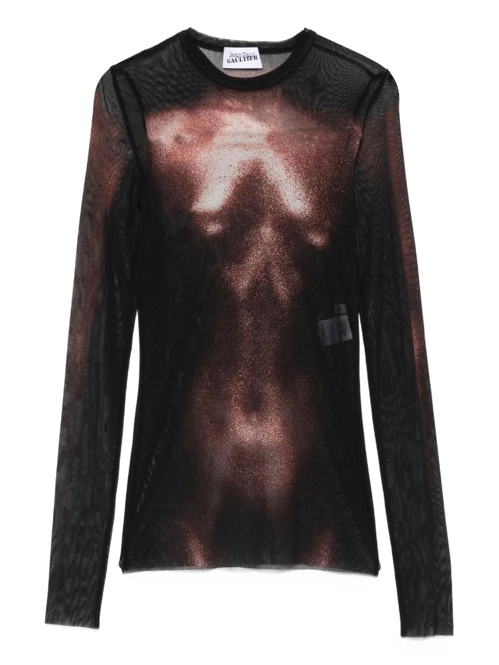 Tシャツ・カットソー JEAN PAUL GAULTIER THE WOOD PRINT LONGSLEEVES TOP Rose Printed Mesh Long Sleeve Top Red And Green | The Webster