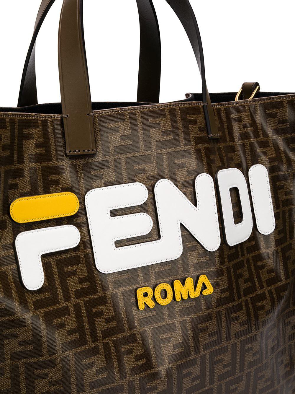 Fendi Leather Mania Brown And White Large Logo Print Tote Bag - Lyst