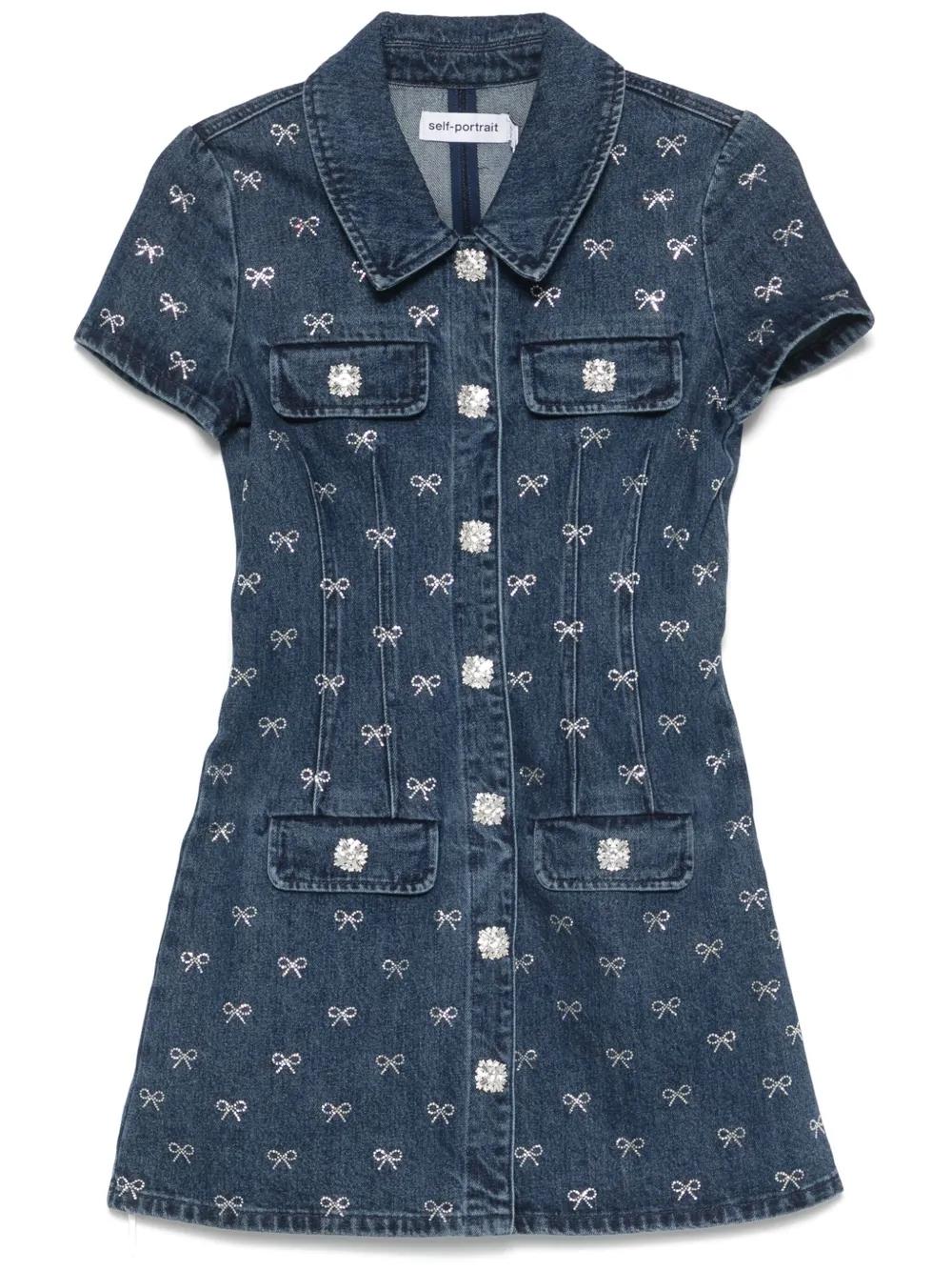 Self-Portrait Denim Diamante Bow Mini Dress in Blue | Lyst Self-Portrait Denim Diamante Bow Mini Dress in Blue | Lyst