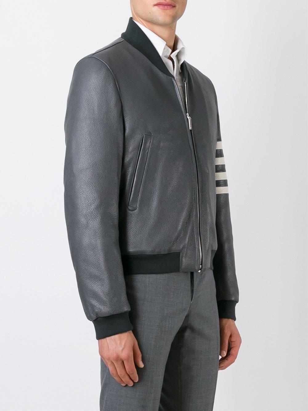 Thom Browne Leather Varsity Bomber Jacket in Grey (Grey) for Men Lyst