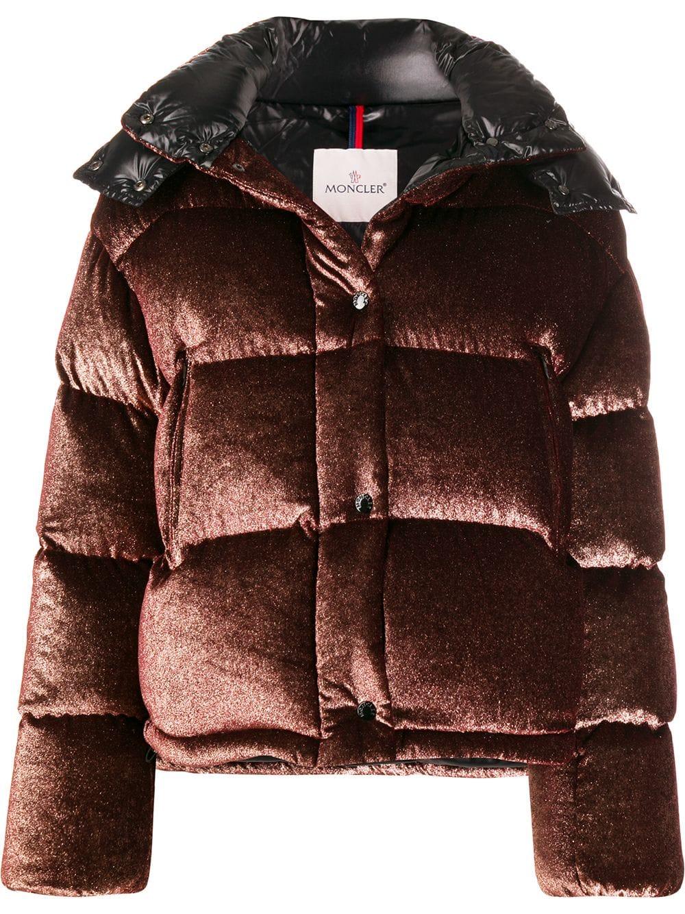 Moncler Caille Velvet Down Jacket in Brown - Save 53% | Lyst