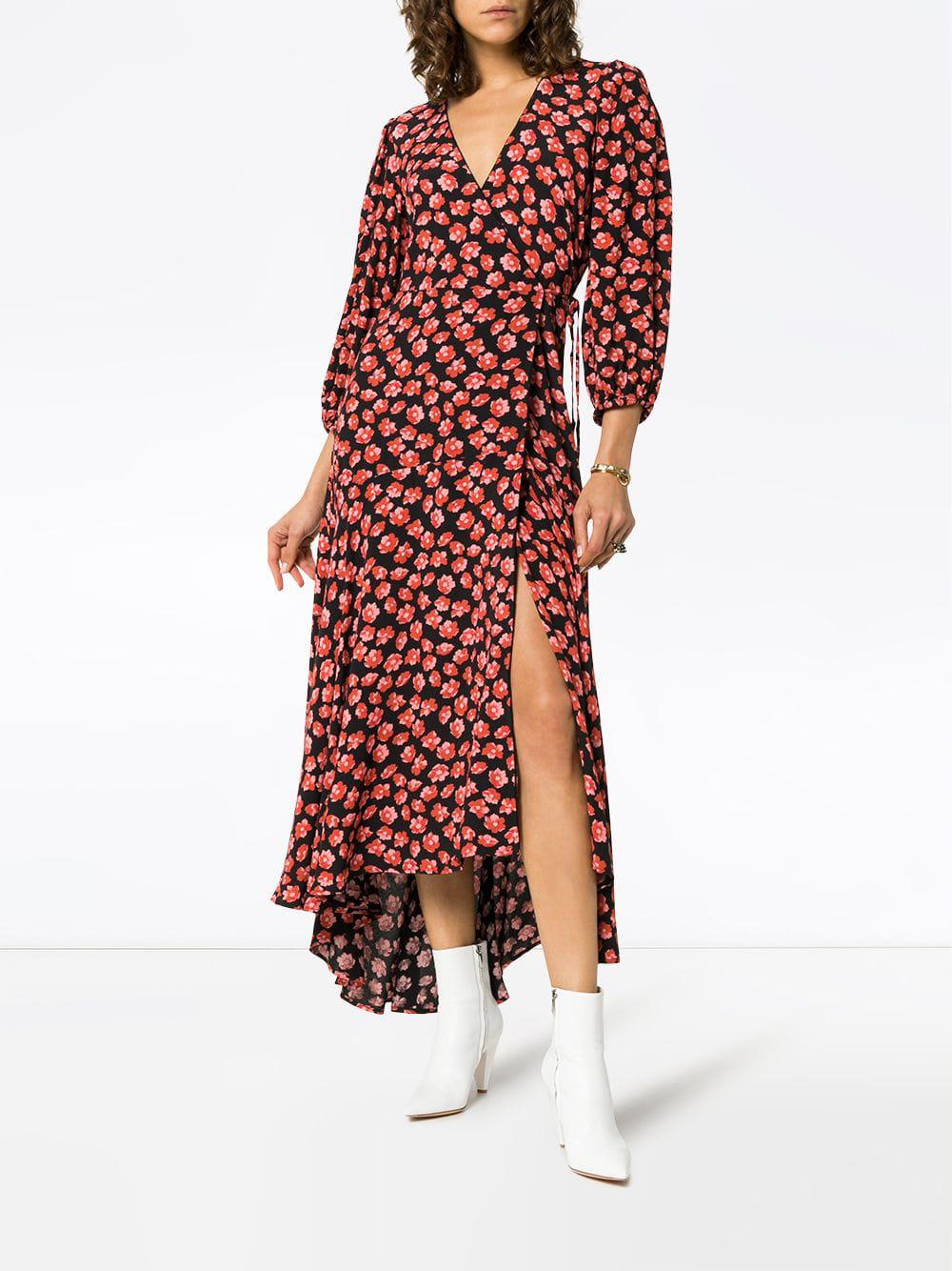 Ganni Leather Floral Print Wrap Midi Dress in Black/Red (Red) | Lyst