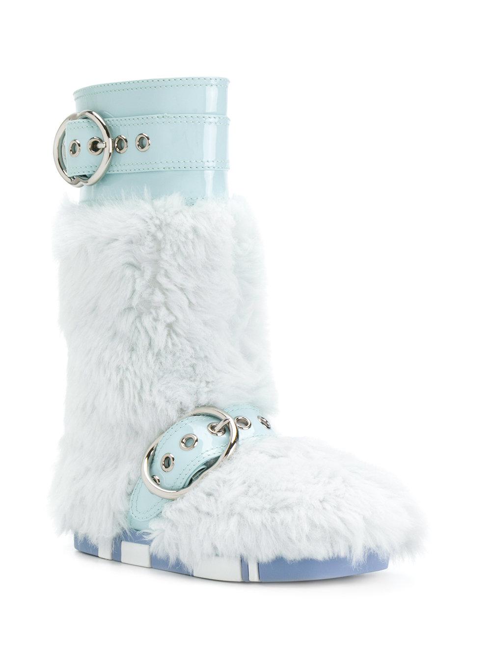 Miu Miu Fur Buckled Boots in Blue - Lyst