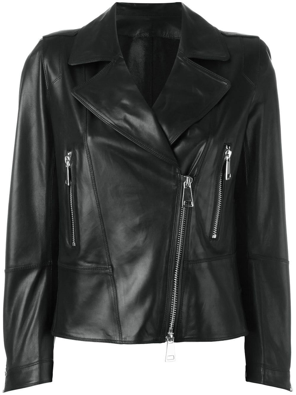 Sylvie Schimmel Leather Biker Jacket With Silver Tone Zippers in Black ...