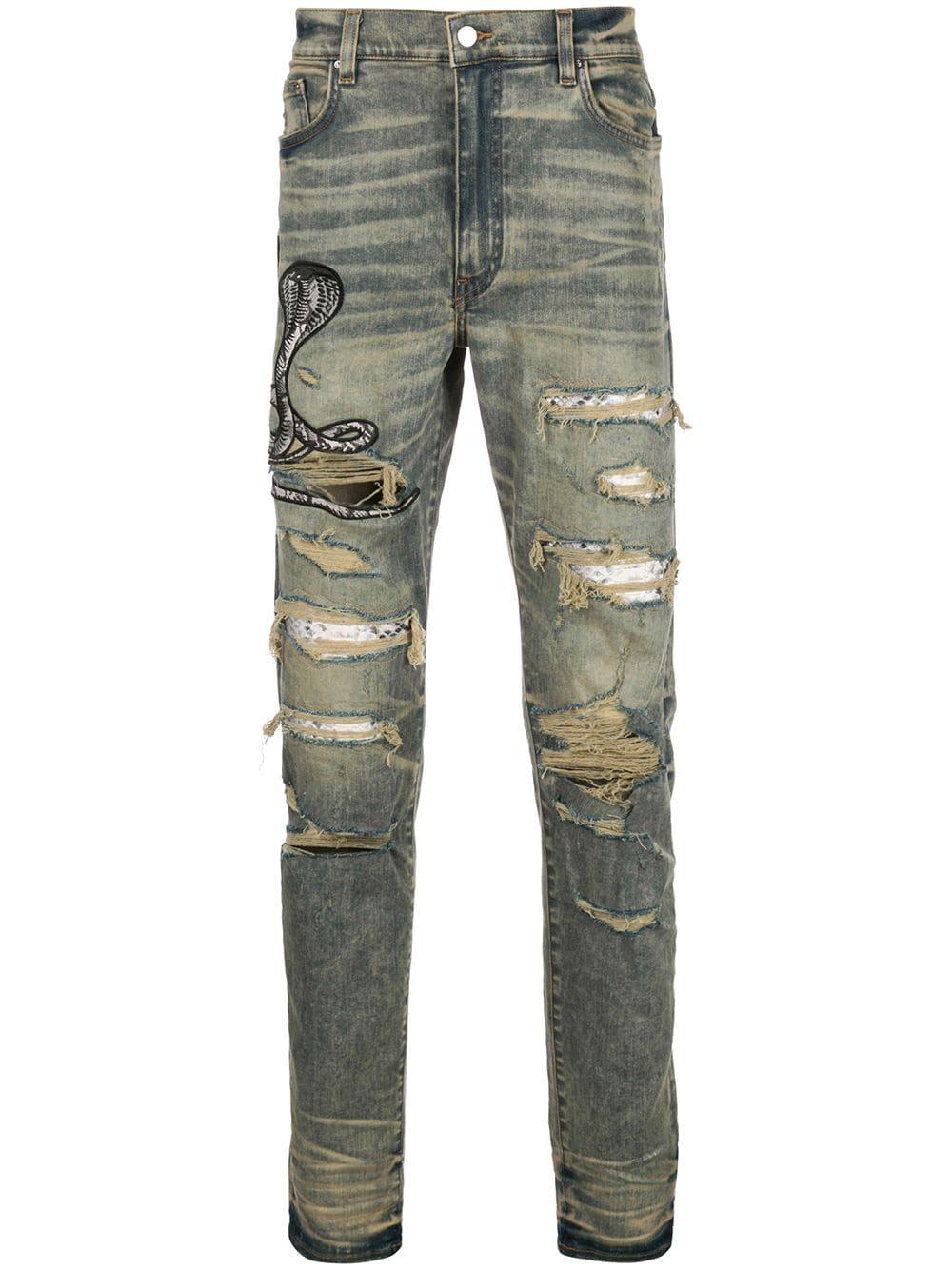 Amiri Cobra Embroidered Distressed Jeans in Blue for Men | Lyst
