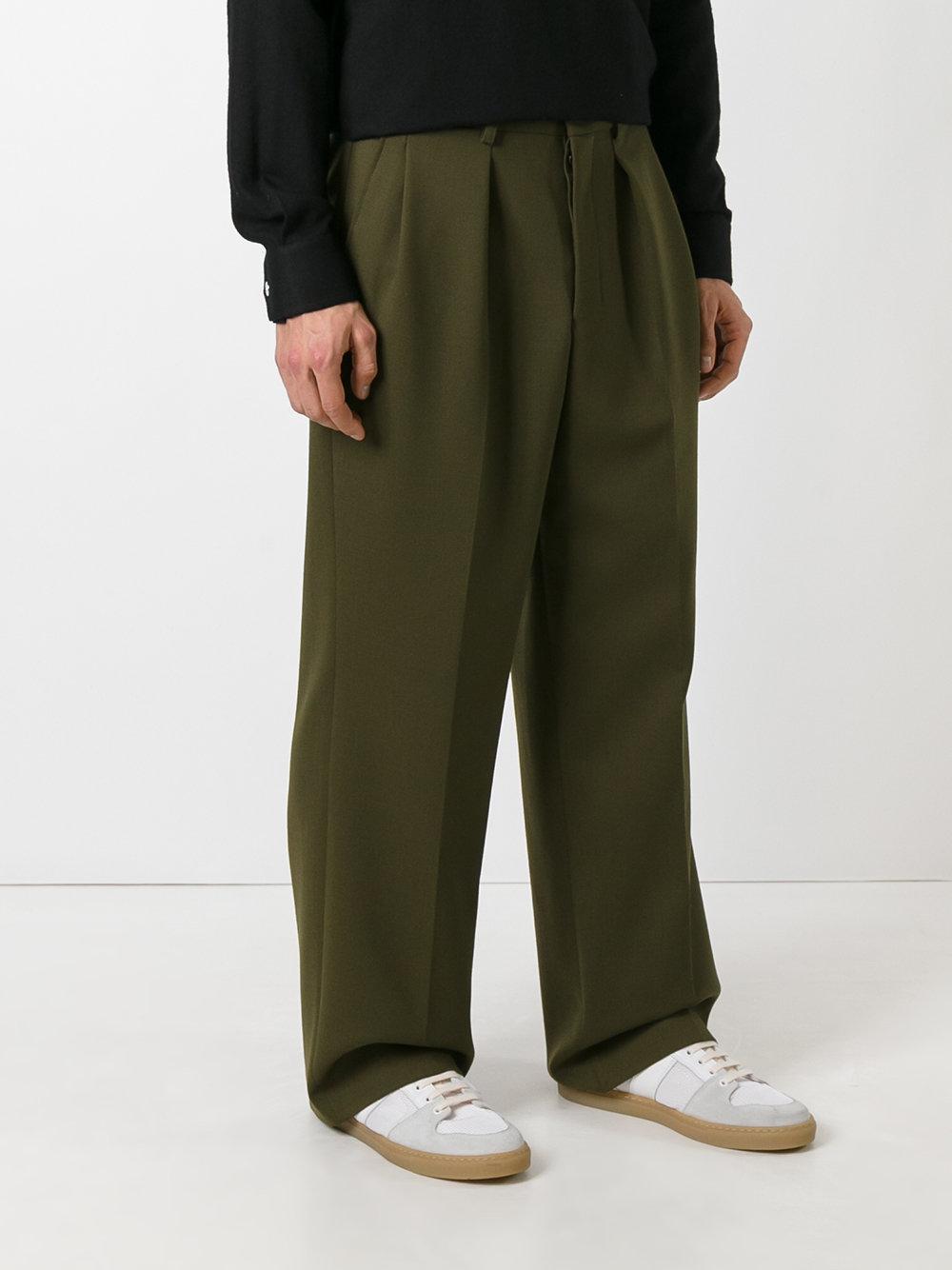 AMI Wool Box Pleated Wide Trousers in Green for Men - Lyst