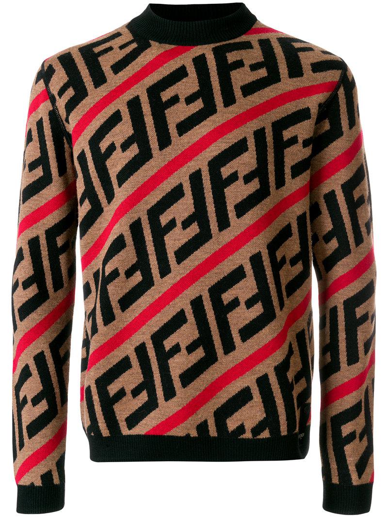 Fendi Ff Logo Diagonal-stripe Sweater in Red for Men - Lyst