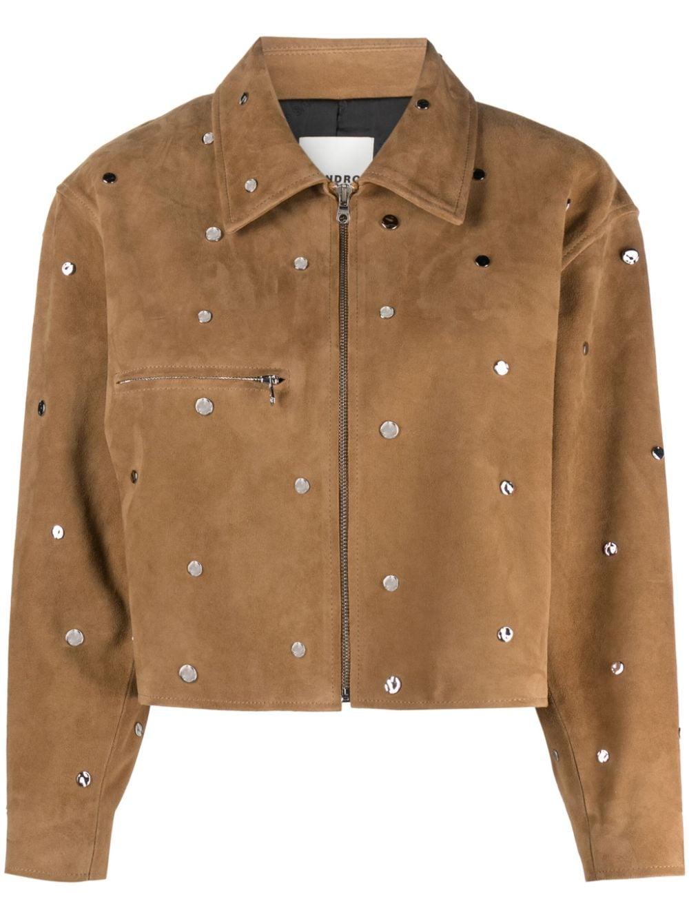 Sandro Stud-embellished Cropped Suede Jacket in Brown Lyst Canada