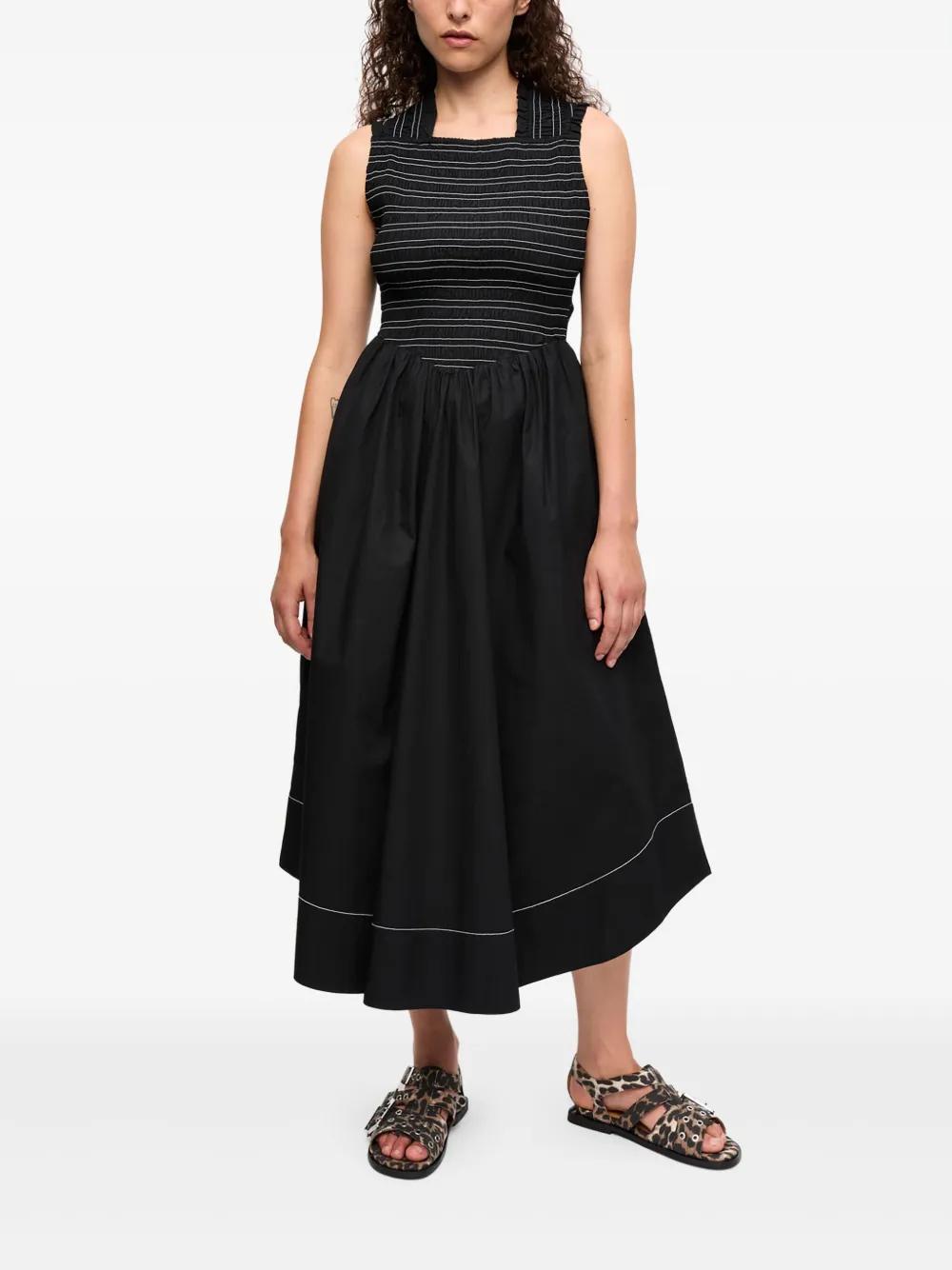 ganni washed stretch cotton tie strap midi dress Ganni Washed Stretch Cotton Tie Strap Midi Dress in Black
