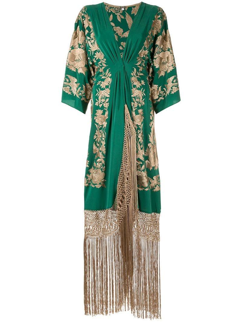 Vestido estilo kimono con diseño bordado y flecos Johanna Ortiz de color  Verde | Lyst