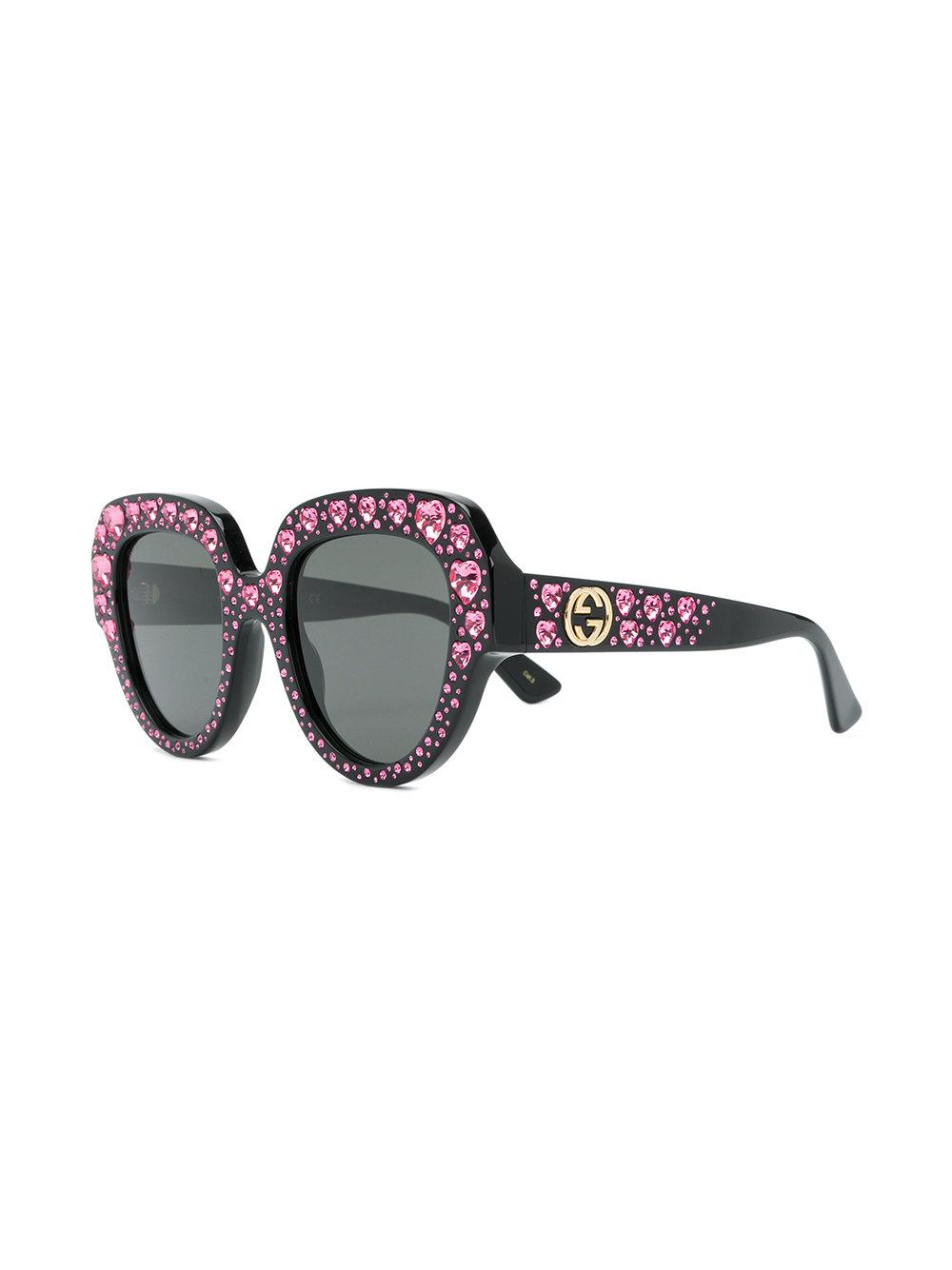 Gucci Crystal Heart Embellished Oversized Sunglasses in Black - Lyst