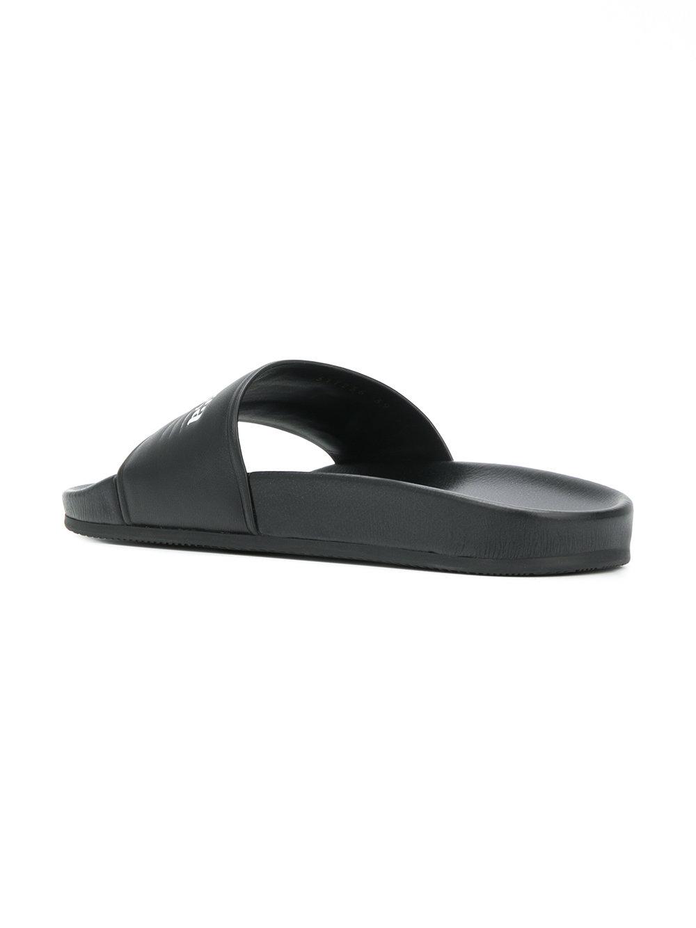Balenciaga Leather Branded Pool Slides in Black Lyst