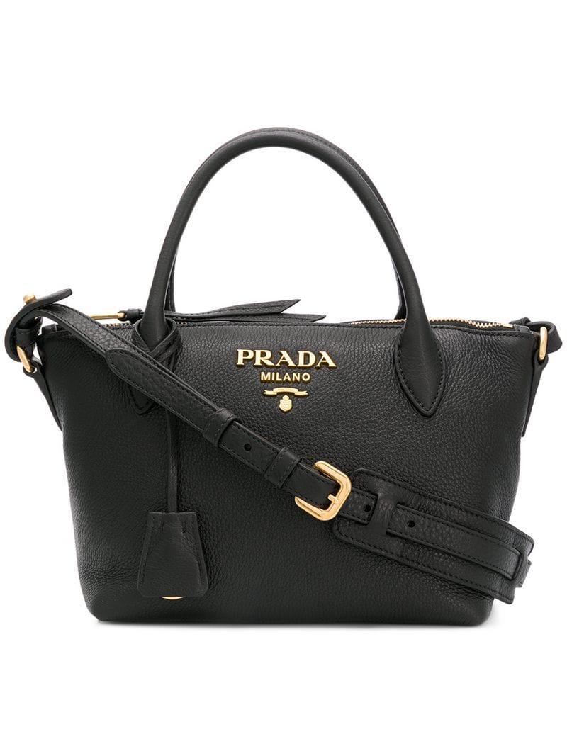 Prada Leather Lettering Logo Tote Bag in Black - Lyst