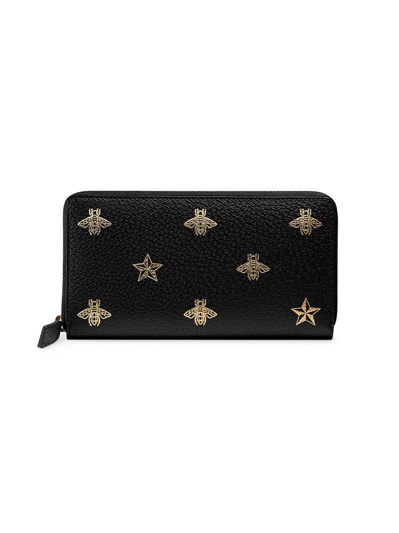 Gucci Bee Star Leather Zip Around Wallet in Black for Men - Lyst