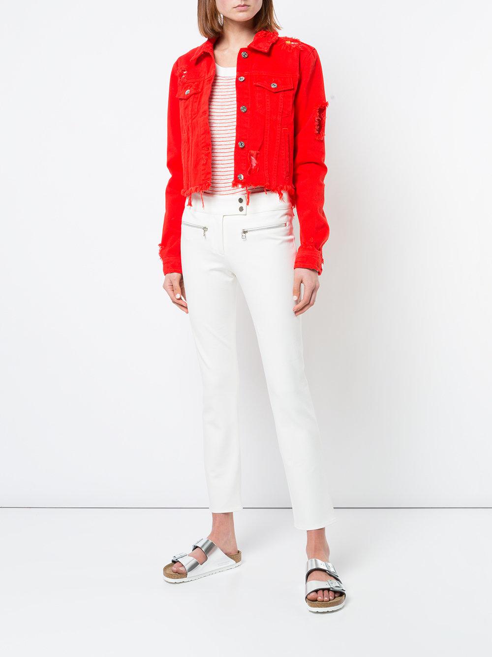 distressed red denim jacket