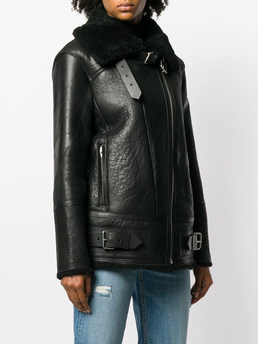 shearling biker jacket black