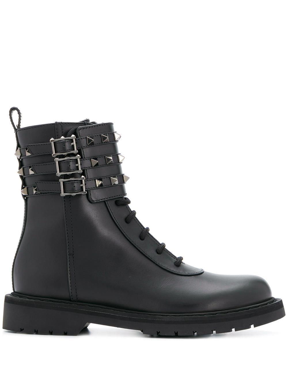 Valentino Leather Tri-band Rockstud Combat Boots in Black - Lyst