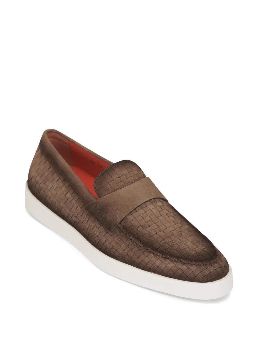 Santoni Brown Woven Leather Slip-On Loafers Santoni - Woven Burnished-Leather Loafers - Brown Santoni main image 4