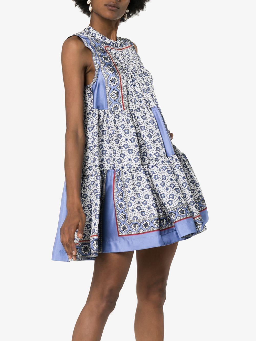 Silk Bandana Print Tiered Mini Dress 