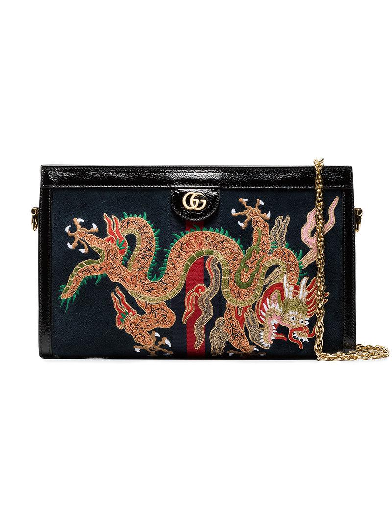 Gucci Black Dragon Embroidered Suede Shoulder Bag - Lyst