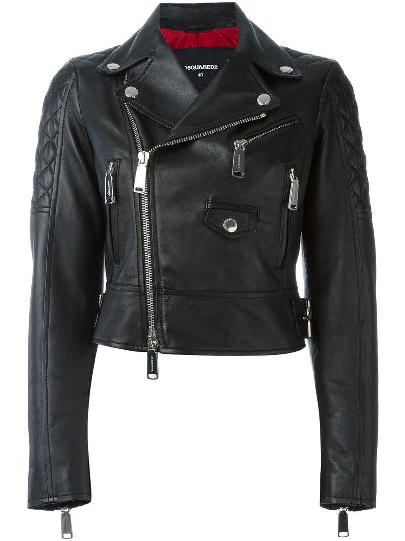 DSquared² Leather Cropped Biker Jacket in Black - Lyst