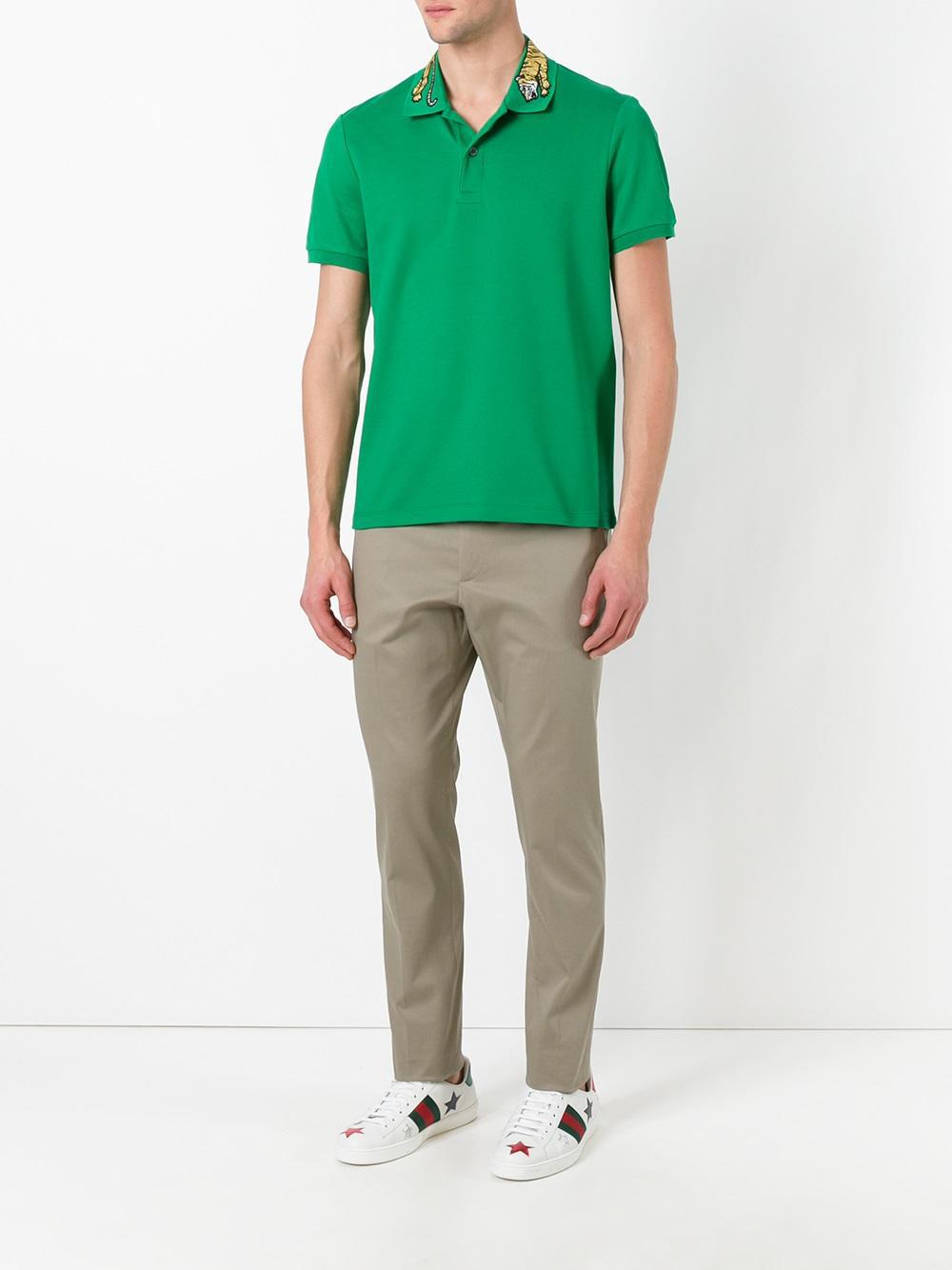 Gucci Tiger Embroidered Polo Shirt in Green for Men | Lyst