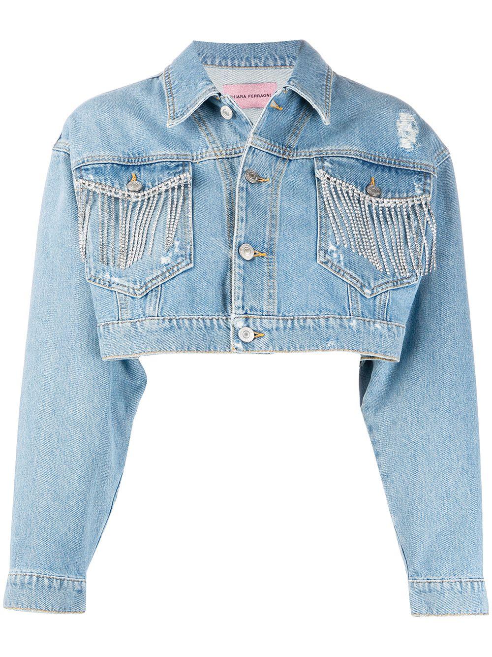 Giacca denim crop con frangeChiara Ferragni in Cotone di colore Blu | Lyst