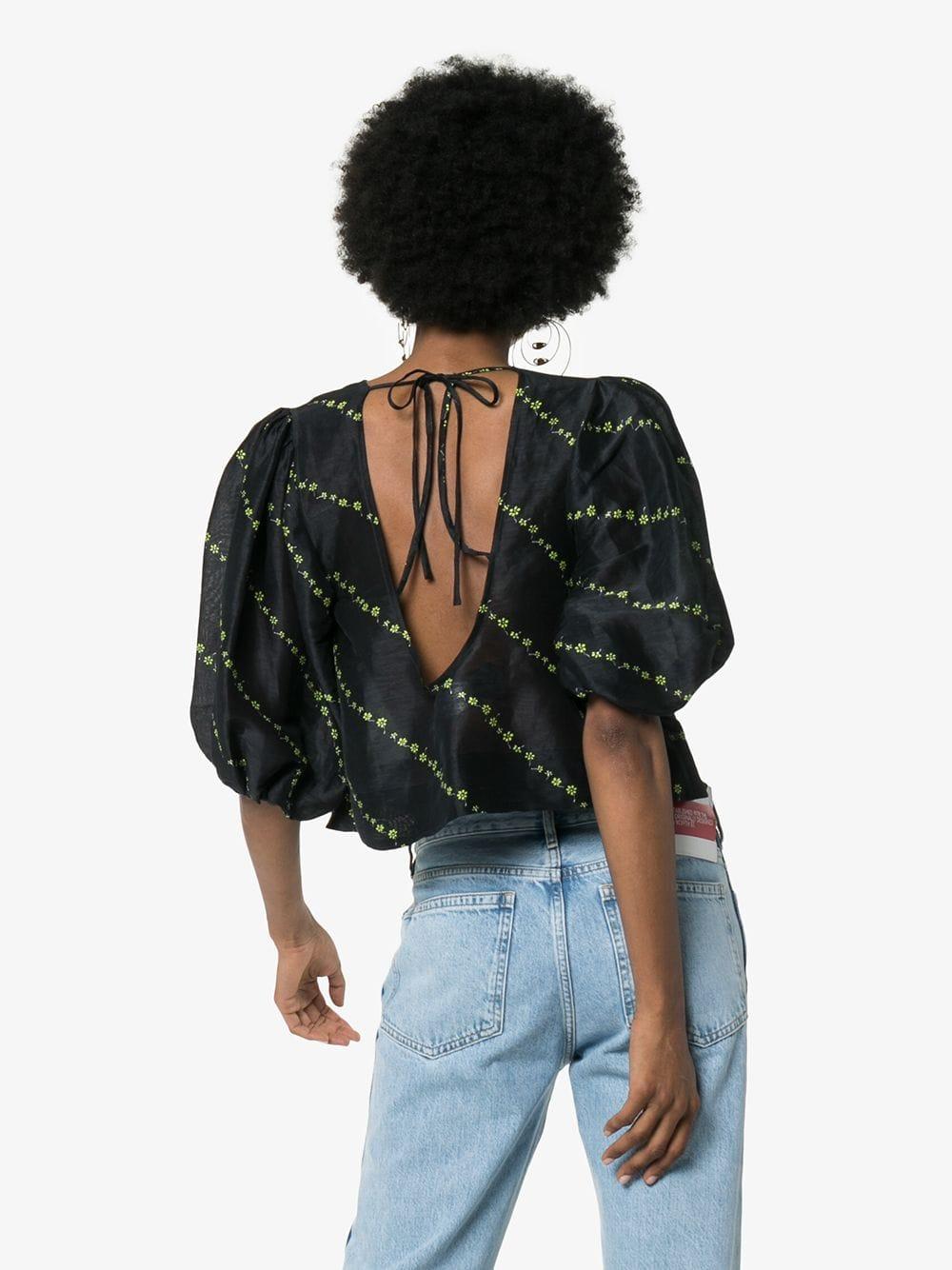 Ganni Linen Puff-sleeve Floral Print Top in Black | Lyst