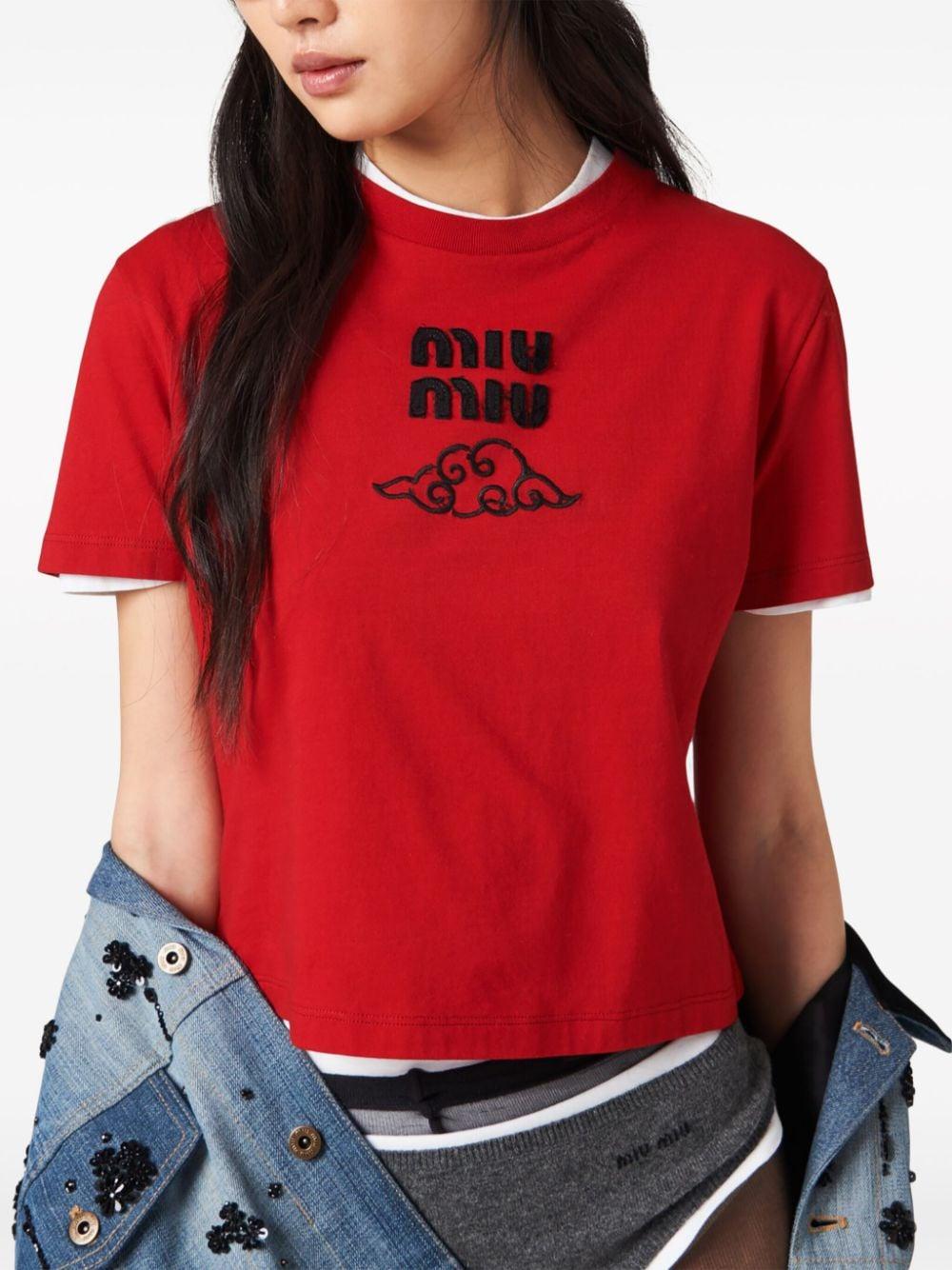 Miu Miu Logo-embroidered Cotton T-shirt | Lyst