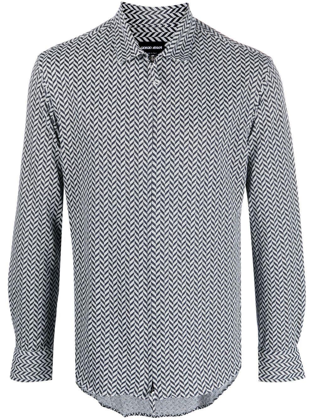 Armani Collezioni Navy Blue 2024 Herringbone Pattern Long Sleeves Men Shirt