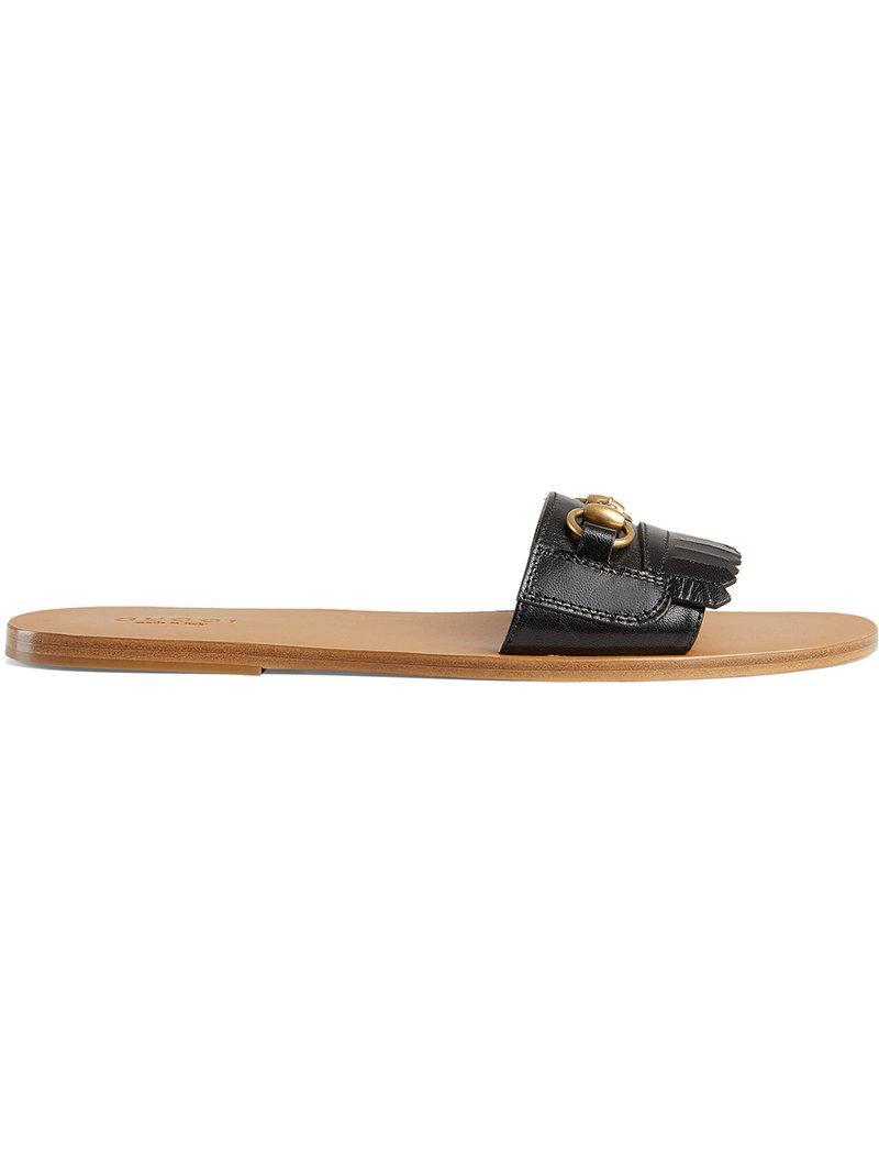 gucci fringe leather horsebit slide