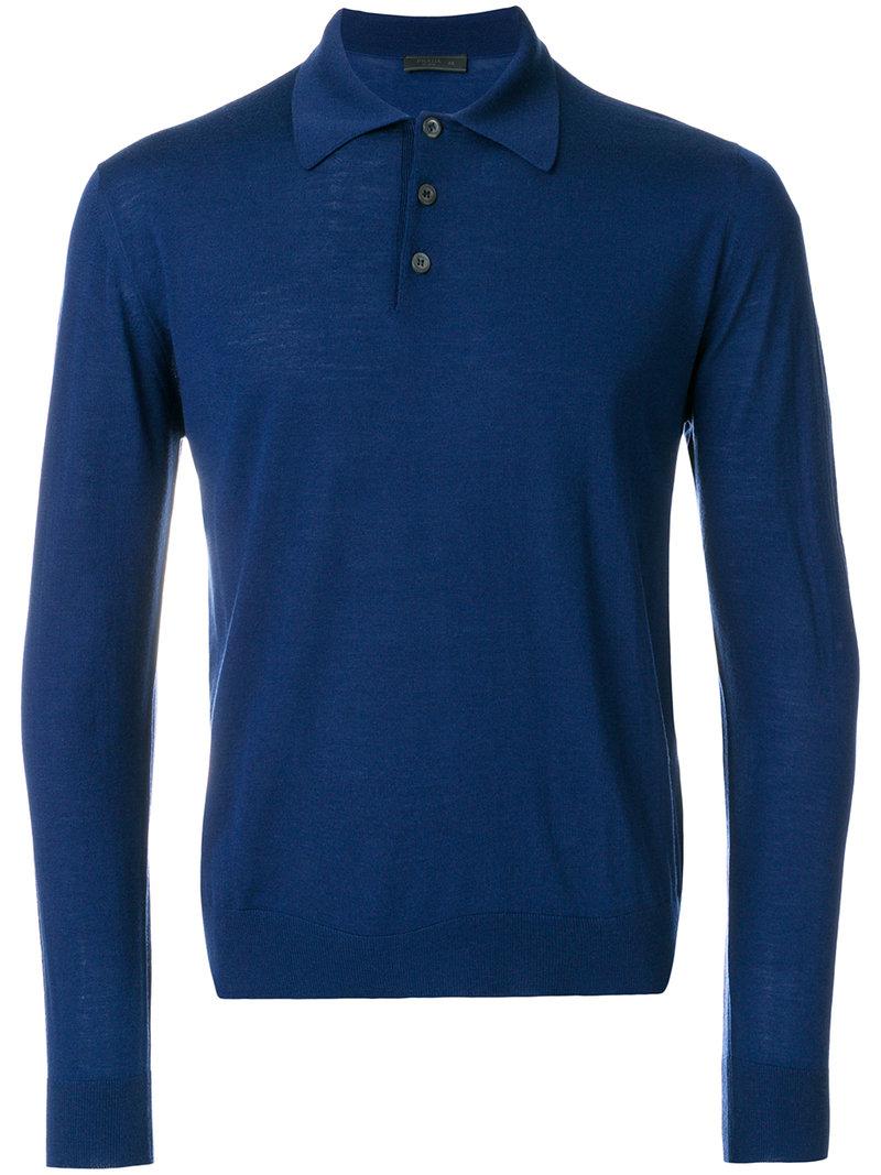 Prada Long Sleeve Polo Shirt in Blue for Men | Lyst